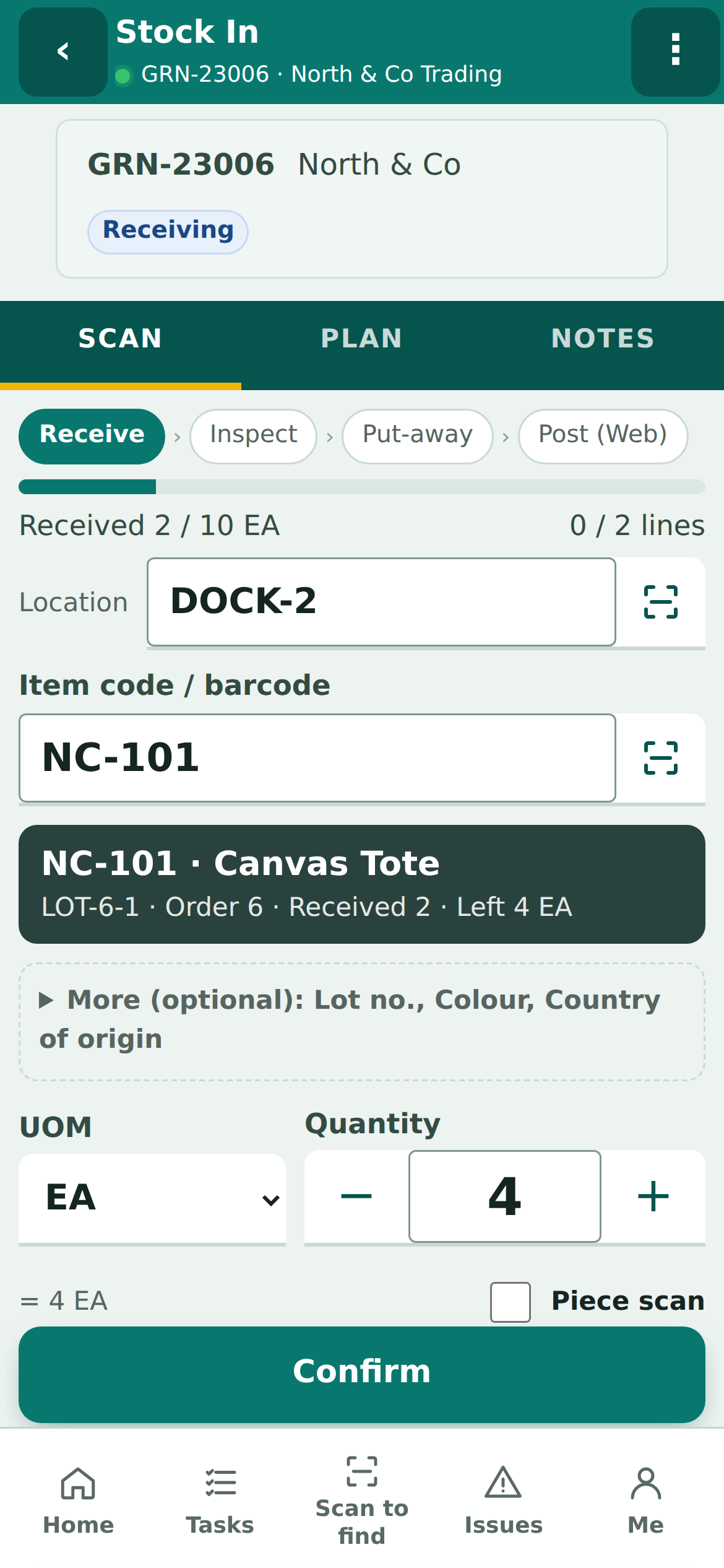 Flowva mobile receiving for GRN-23006 showing scanned item NC-101, location and quantity confirmation