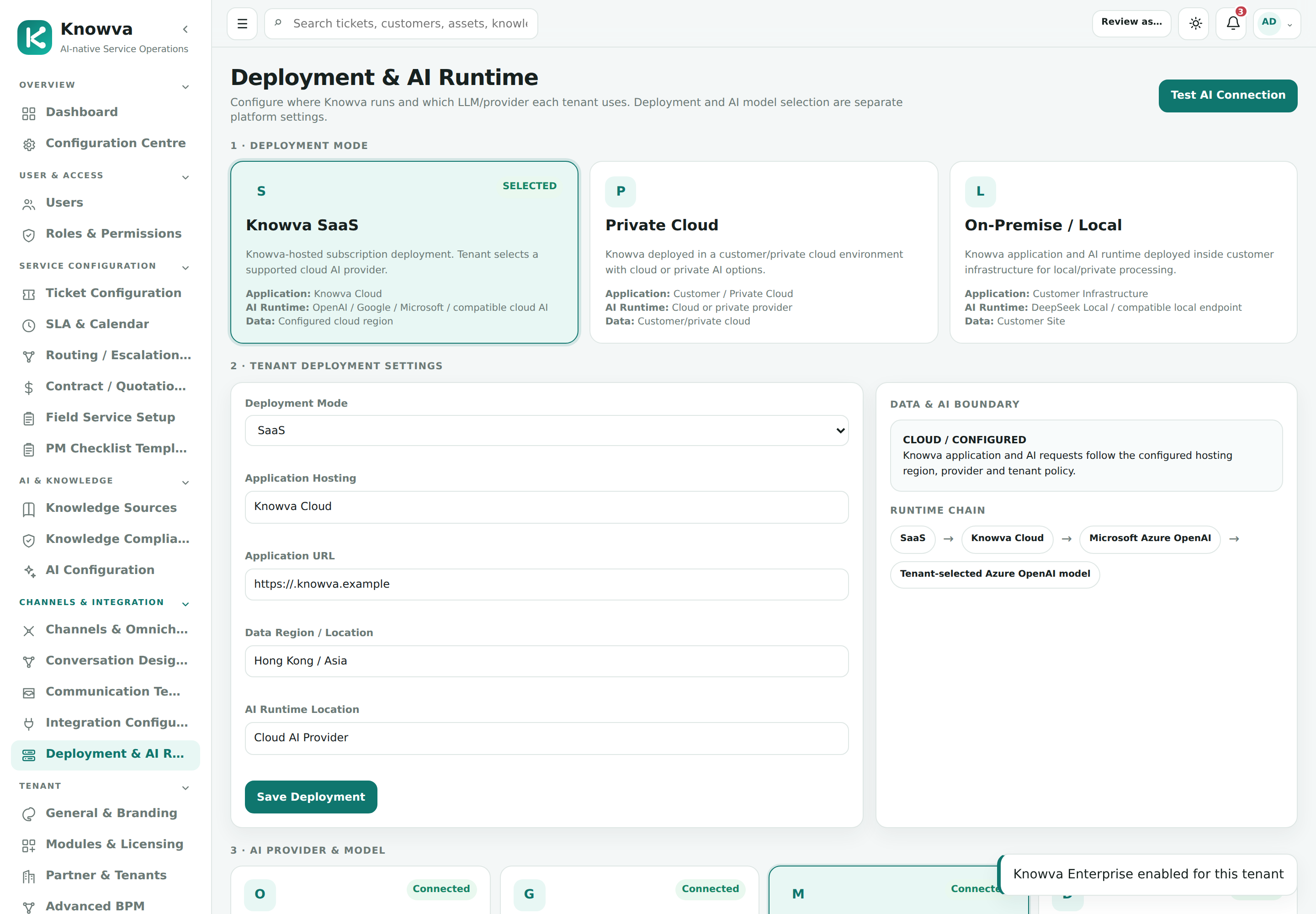 Knowva deployment and AI runtime configuration with cloud and local choices