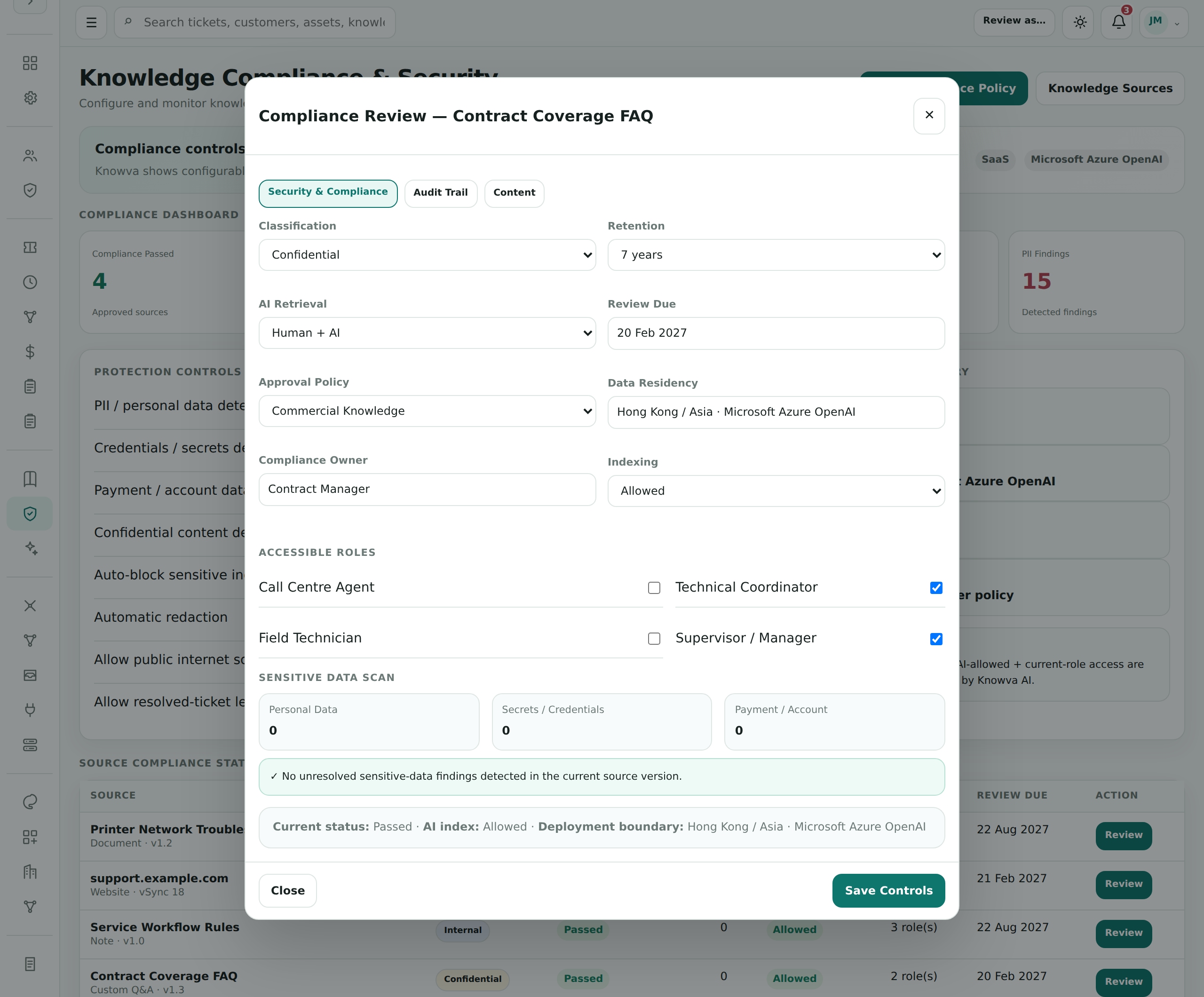 Knowva Enterprise knowledge-source controls with classification, staff reading roles, AI use and approval and review settings