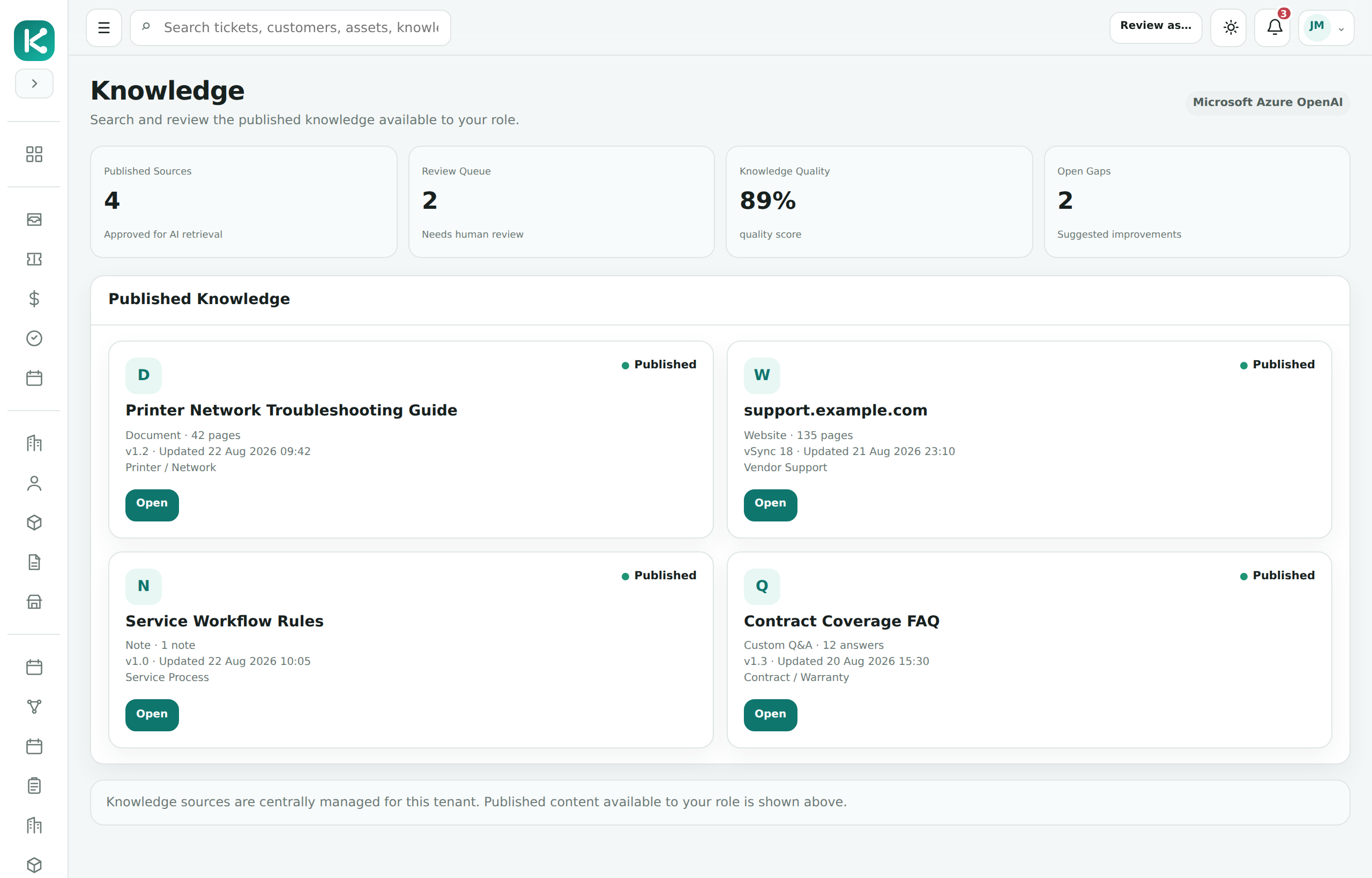 Knowva published knowledge with documents, notes and FAQs showing publication status, version and update time