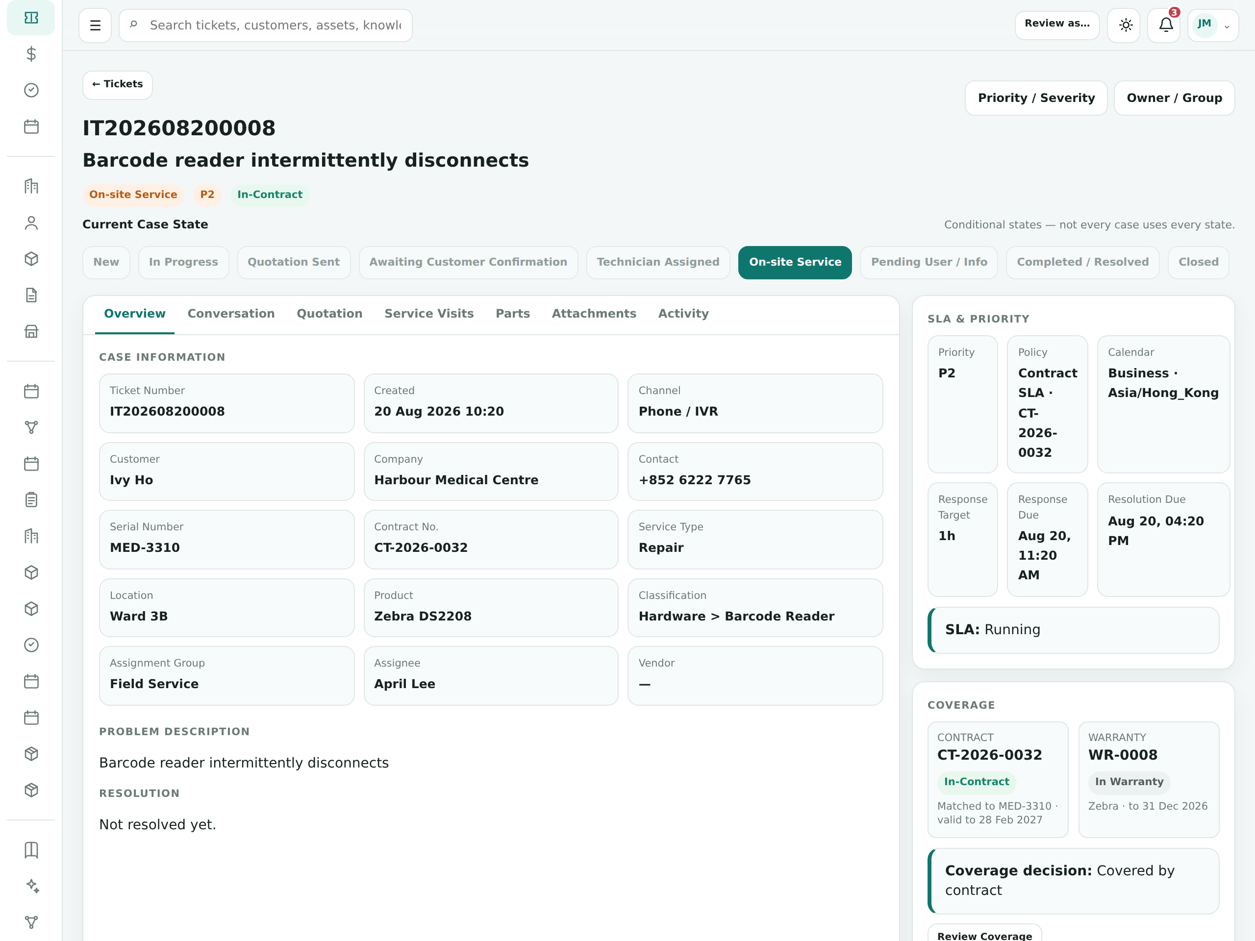 Knowva after-sales case shows customer and asset details, service stage, assigned colleague and service targets